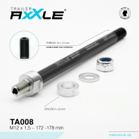 AxXle RADOXX components, Trailer , Velo Trailer Achse, einzeln , Trailer TA008, M12x1.5, Länge 172-178 mm, incl. spacer-set + lock nut + washer