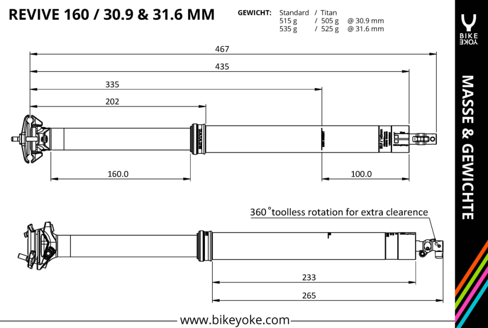 BikeYoke Revive 3.0 Dropper Post, 31.6 mm/160 mm, ohne Hebel.