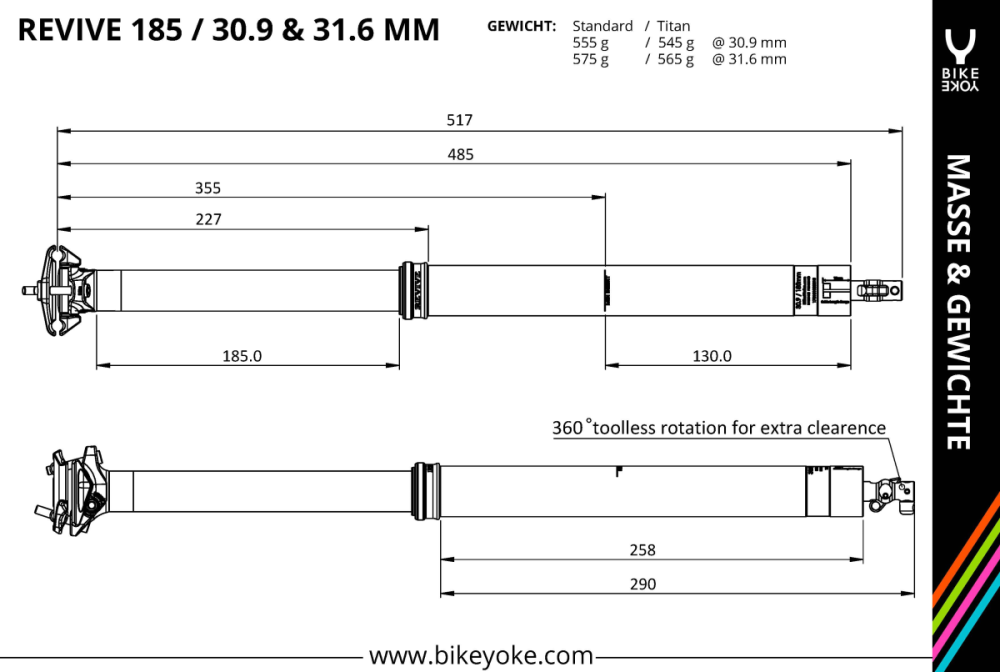 BikeYoke Revive 3.0 Dropper Post, 31.6 mm/185 mm, ohne Hebel.