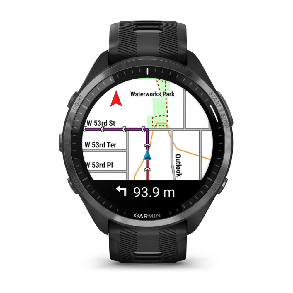 Garmin Forerunner® 965, Schwarz/Carbongrau DLC Titan mit Silikon-Wechselarmband 22 mm Schwarz/Hellgrau