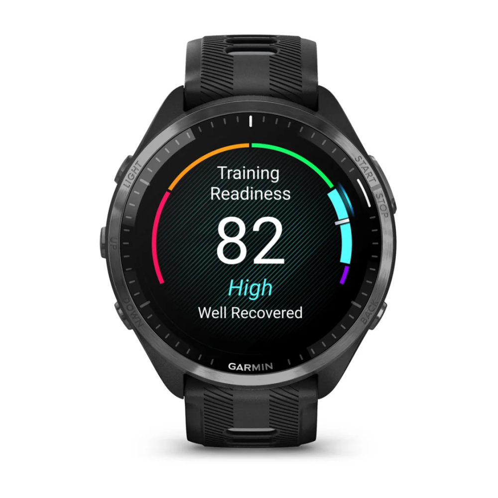 Garmin Forerunner® 965, Schwarz/Carbongrau DLC Titan mit Silikon-Wechselarmband 22 mm Schwarz/Hellgrau