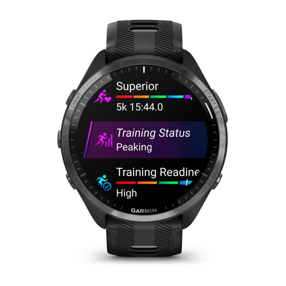 Garmin Forerunner® 965, Schwarz/Carbongrau DLC Titan mit Silikon-Wechselarmband 22 mm Schwarz/Hellgrau